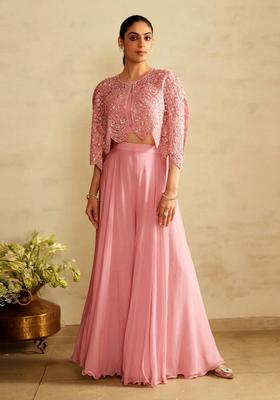 Baby Pink Embroidered Handwork Fusion Set