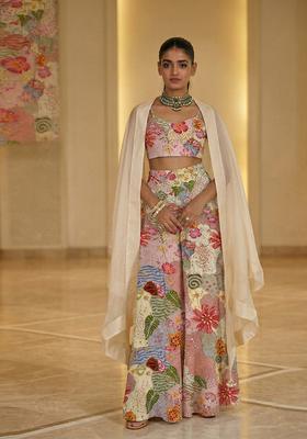 Blush Pink Embroidered Crepe Fusion Set