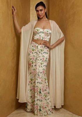 Ivory White Printed Chinon Fusion Set