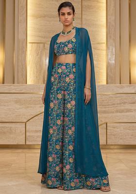 Teal Blue Embroidered Crepe Fusion Set