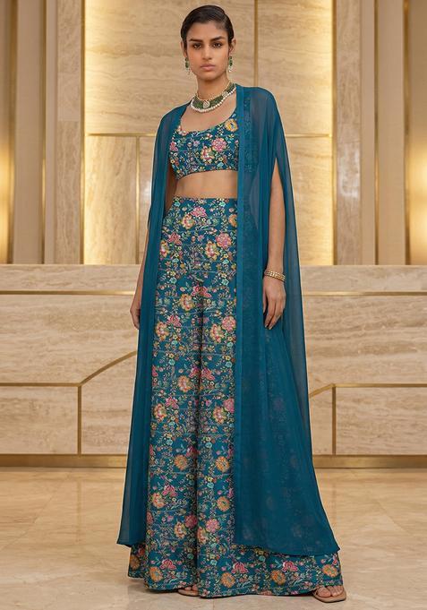 Teal Blue Embroidered Crepe Fusion Set