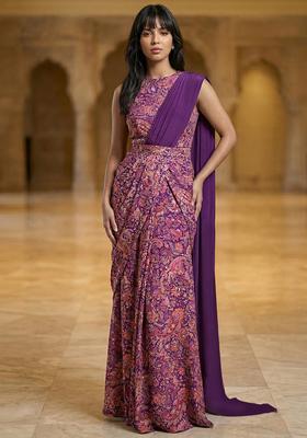 Royal Purple Embroidered Crepe Pre Draped Saree Set