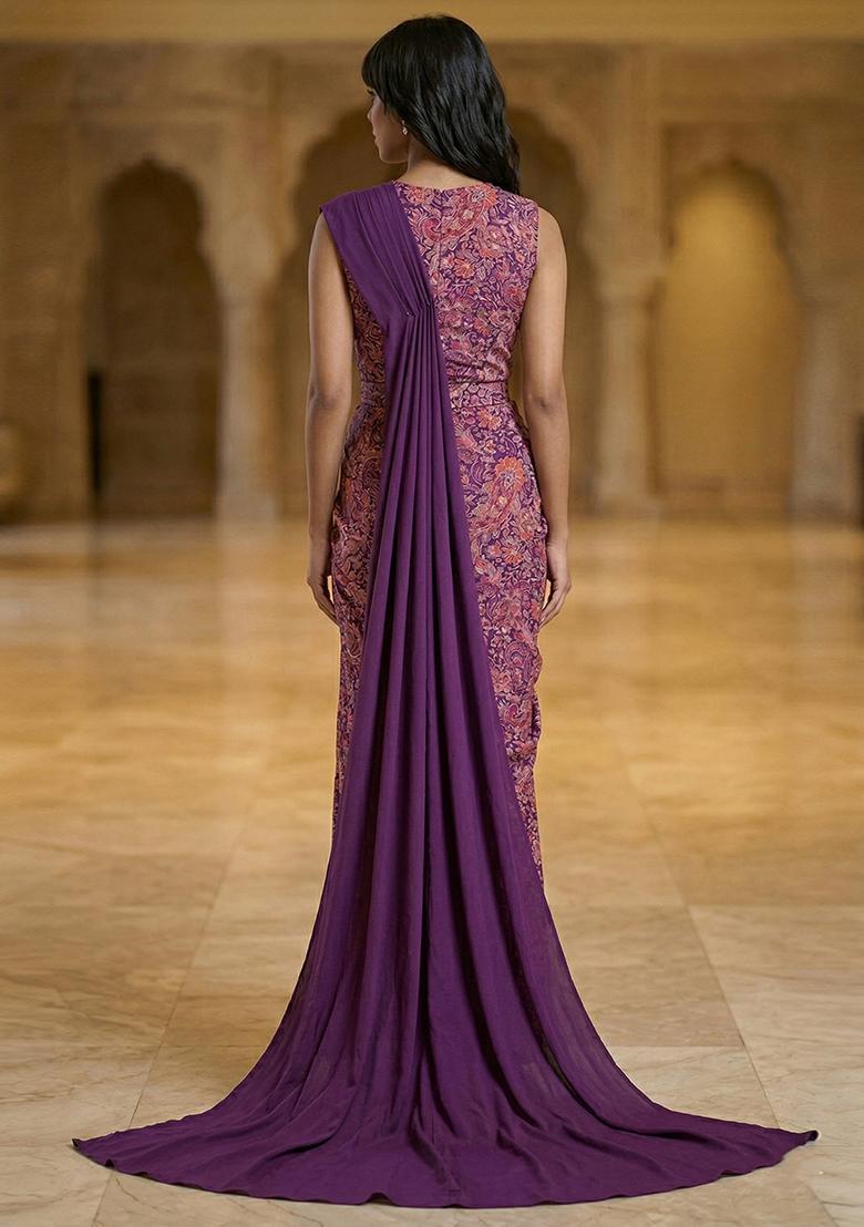 Royal Purple Embroidered Crepe Pre Draped Saree Set - Indya