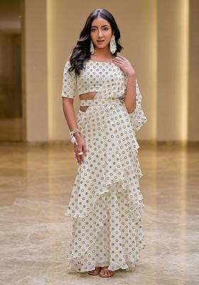 Off White Embroidered Crepe Pre Draped Saree Set
