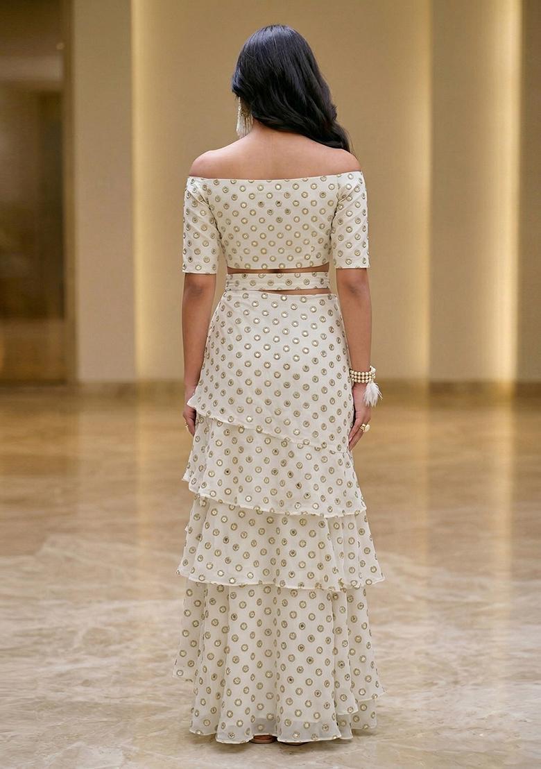 Off White Embroidered Crepe Pre Draped Saree Set - Indya