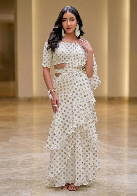 Off White Embroidered Crepe Pre Draped Saree Set
