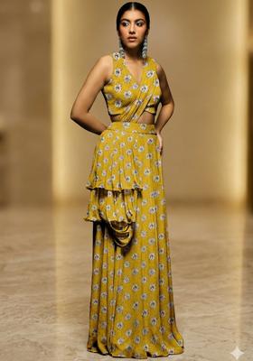 Mustard Yellow Printed Crepe Lehenga Set