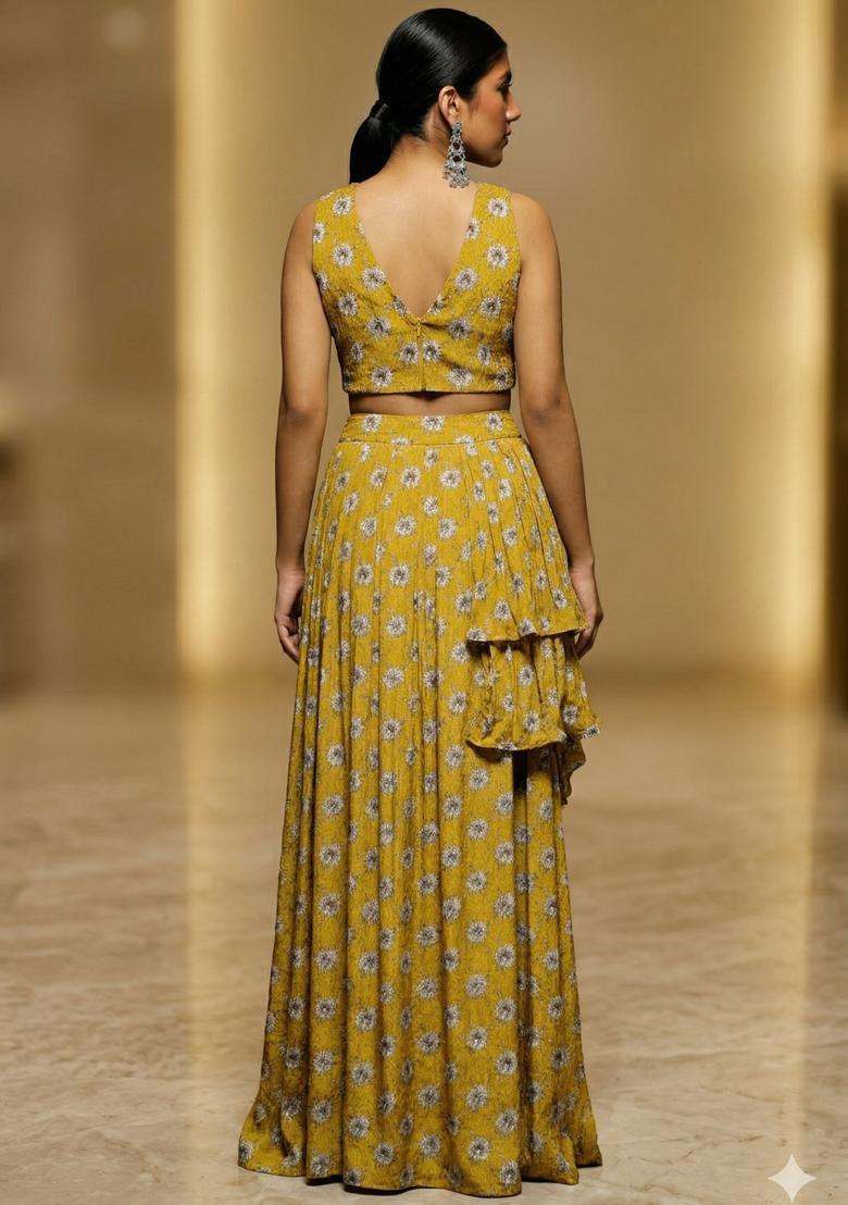 Mustard Yellow Printed Crepe Lehenga Set - Indya