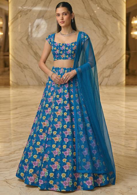 Cobalt Blue Embroidered Crepe Lehenga Set