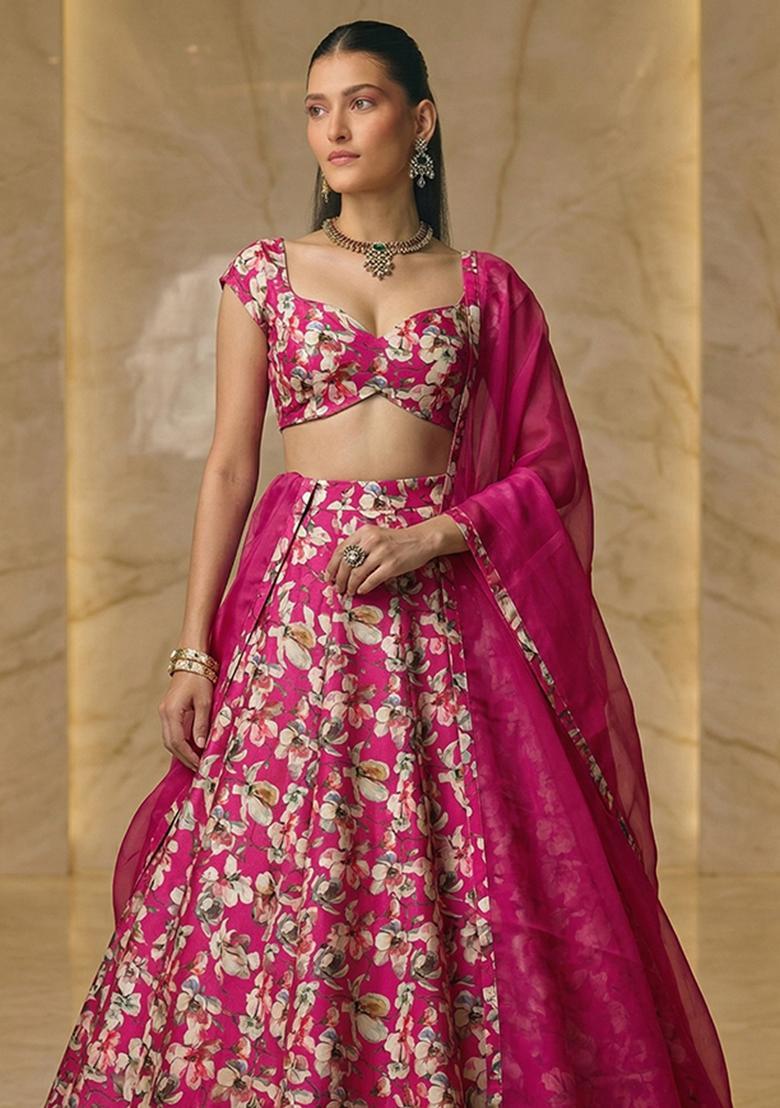 Hot Pink Printed Crepe Lehenga Set - Indya