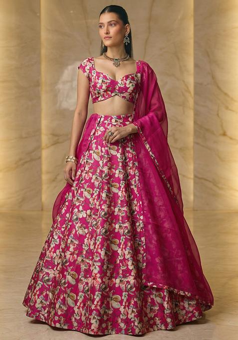 Hot Pink Printed Crepe Lehenga Set