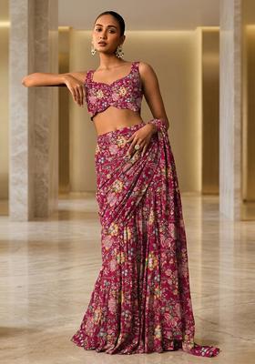 Magenta Pink Embroidered Crepe Pre Draped Saree Set
