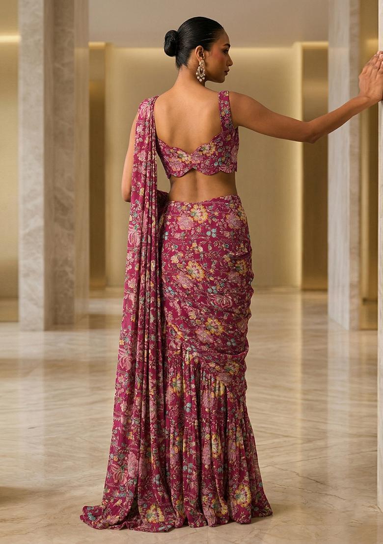 Magenta Pink Embroidered Crepe Pre Draped Saree Set - Indya