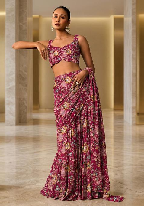 Magenta Pink Embroidered Crepe Pre Draped Saree Set