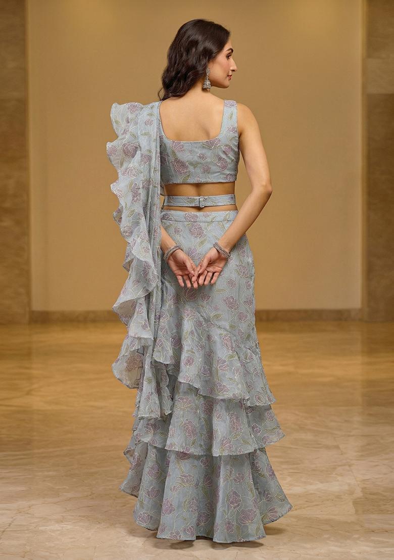 Powder Blue Embroidered Organza Pre Draped Saree Set - Indya
