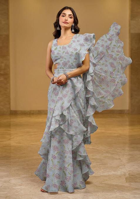 Powder Blue Embroidered Organza Pre Draped Saree Set