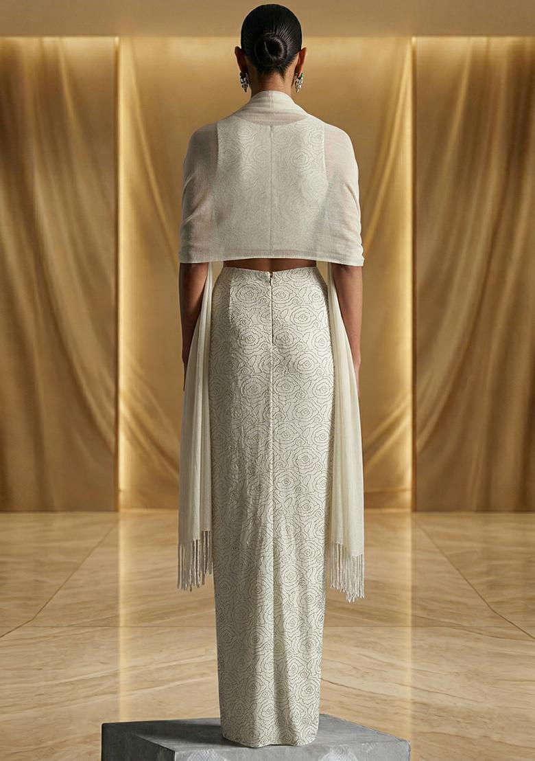 Off White Embroidered Crepe Fusion Set - Indya