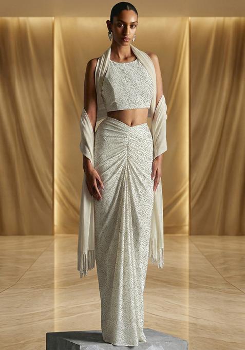 Off White Embroidered Crepe Fusion Set