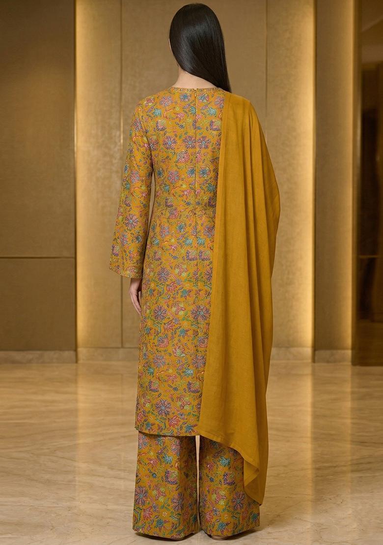 Mustard Printed Chinon Kurta Set - Indya