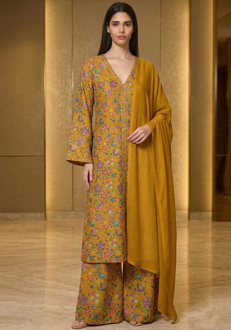 Mustard Printed Chinon Kurta Set
