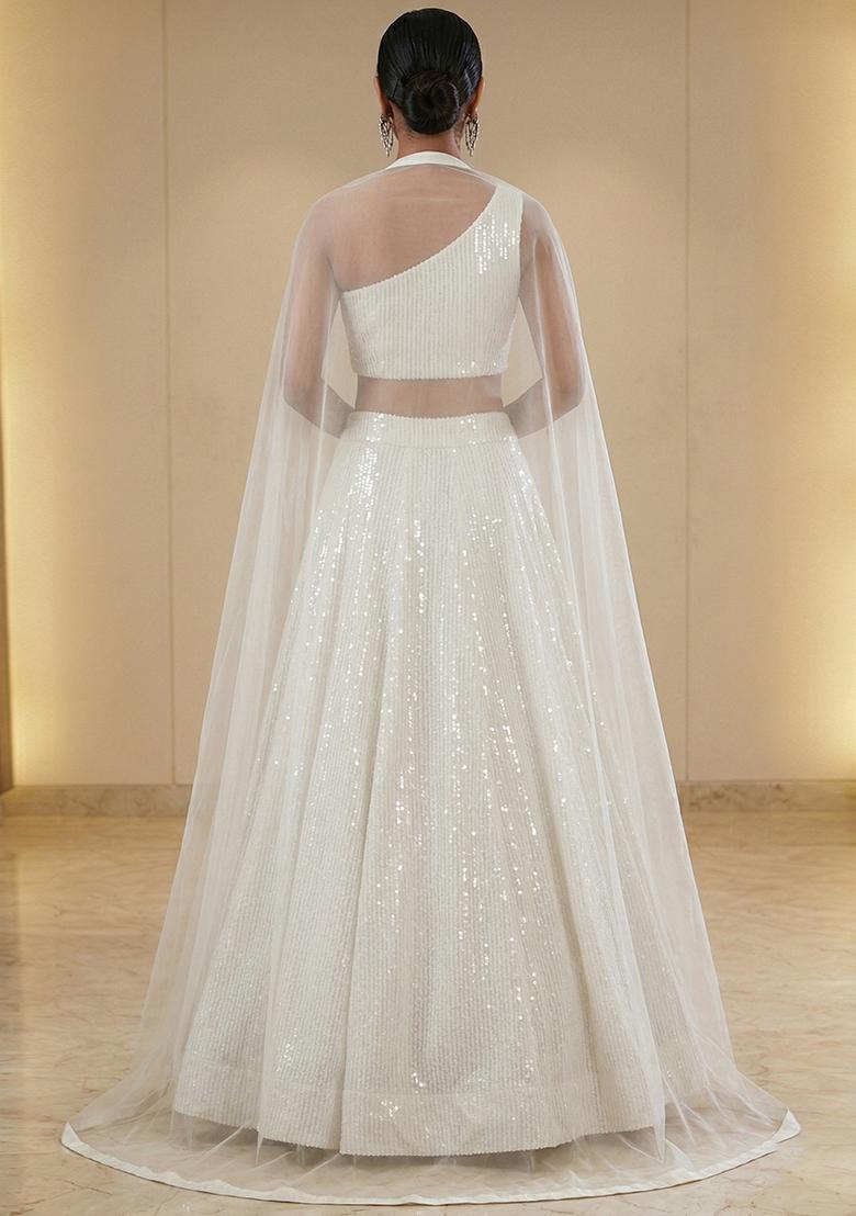 Off White Sequin Georgette Lehenga Set - Indya