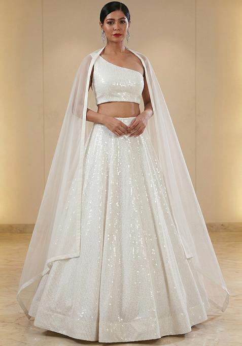 Off White Sequin Georgette Lehenga Set
