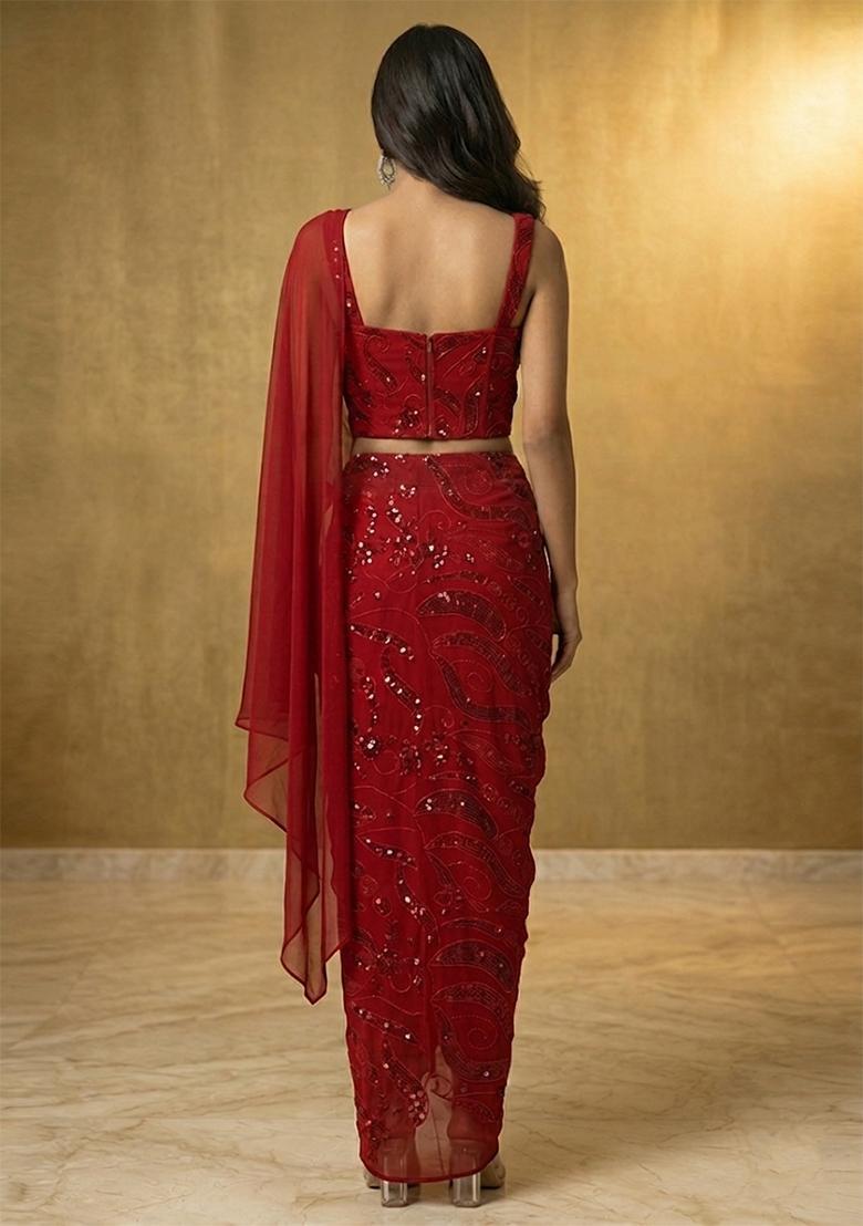 Cherry Red Embroidered Georgette Pre Draped Saree Set - Indya