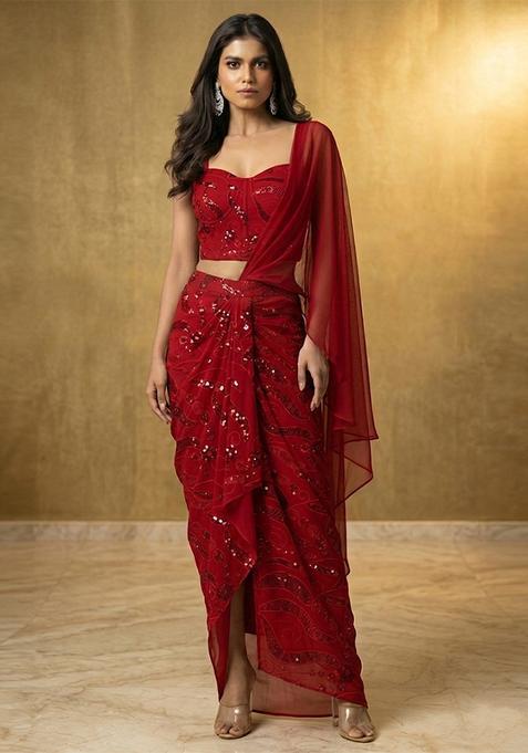 Cherry Red Embroidered Georgette Pre Draped Saree Set
