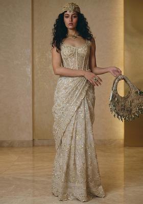 Ivory Printed Crepe Pre Draped Saree Set