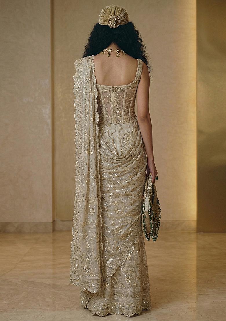 Ivory Printed Crepe Pre Draped Saree Set - Indya