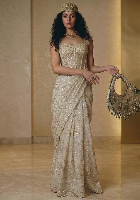 Ivory Printed Crepe Pre Draped Saree Set