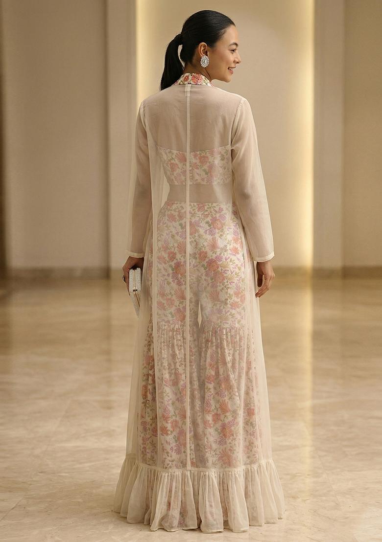 Off White Printed Crepe Sharara Set - Indya