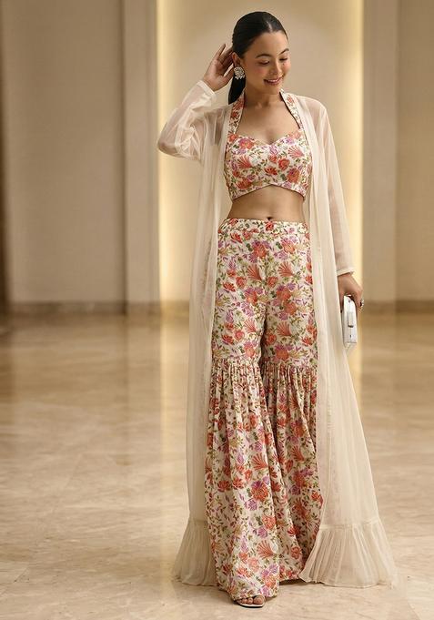 Off White Printed Crepe Sharara Set