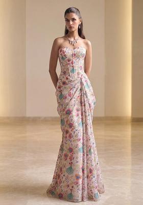 Blush Pink Printed Crepe Pre Draped Saree Set