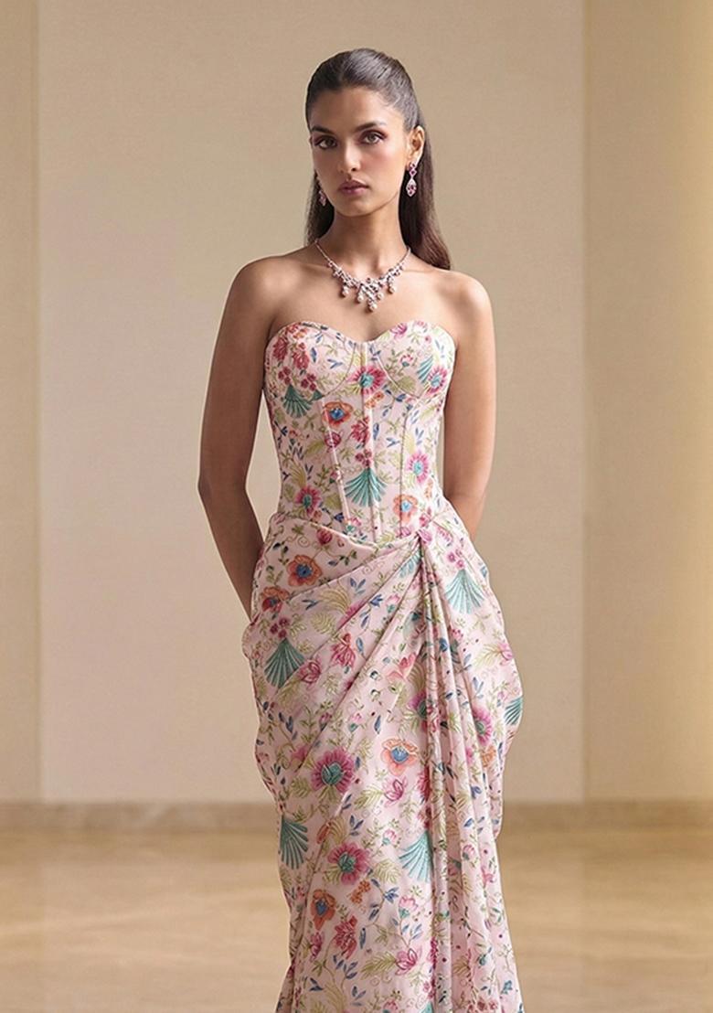 Blush Pink Printed Crepe Pre Draped Saree Set - Indya