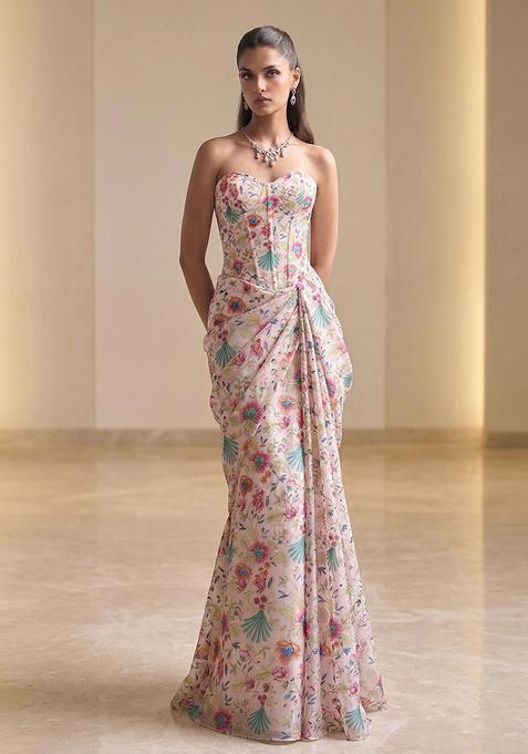 Blush Pink Printed Crepe Pre Draped Saree Set