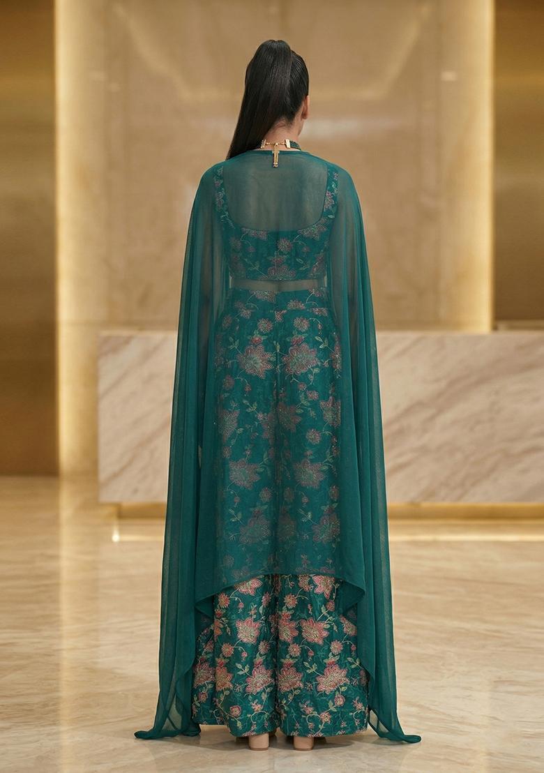 Teal Printed Crepe Fusion Set - Indya