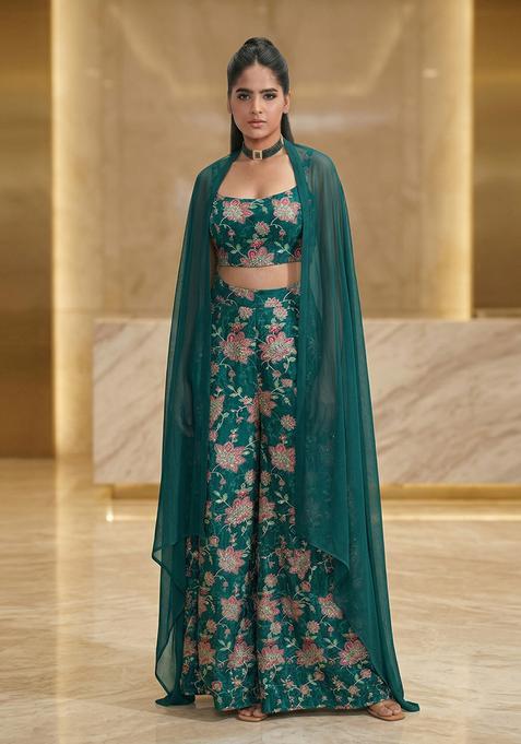 Teal Printed Crepe Fusion Set