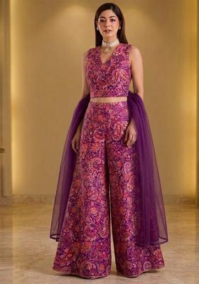 Magenta Purple Embroidered Crepe Fusion Set