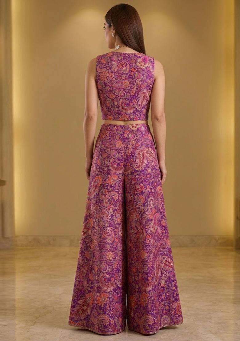 Magenta Purple Embroidered Crepe Fusion Set - Indya