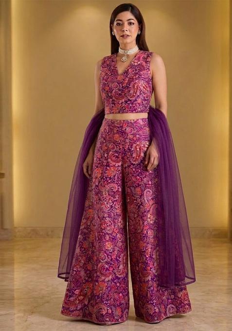 Magenta Purple Embroidered Crepe Fusion Set