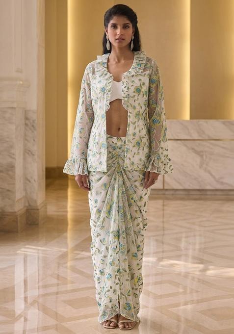 Off White Embroidered Organza Fusion Set