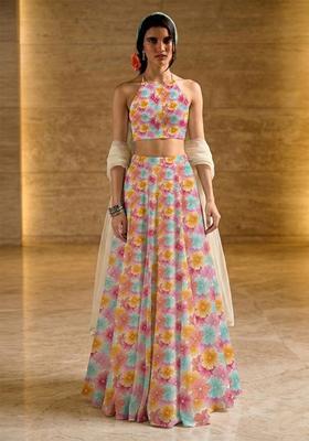 Pastel Pink Printed Crepe Lehenga Set