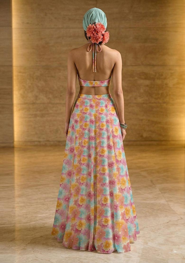 Pastel Pink Printed Crepe Lehenga Set - Indya