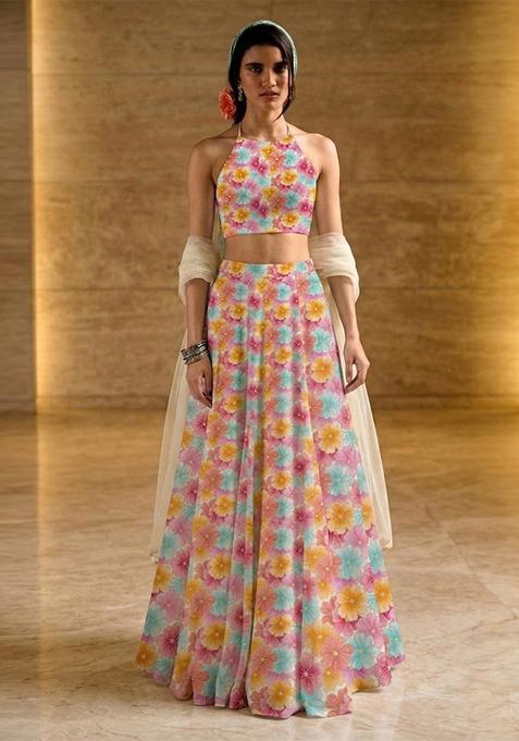 Pastel Pink Printed Crepe Lehenga Set