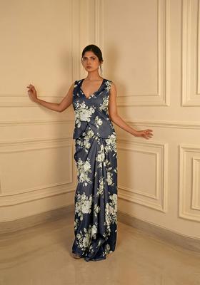 Slate Blue Printed Crepe Fusion Set