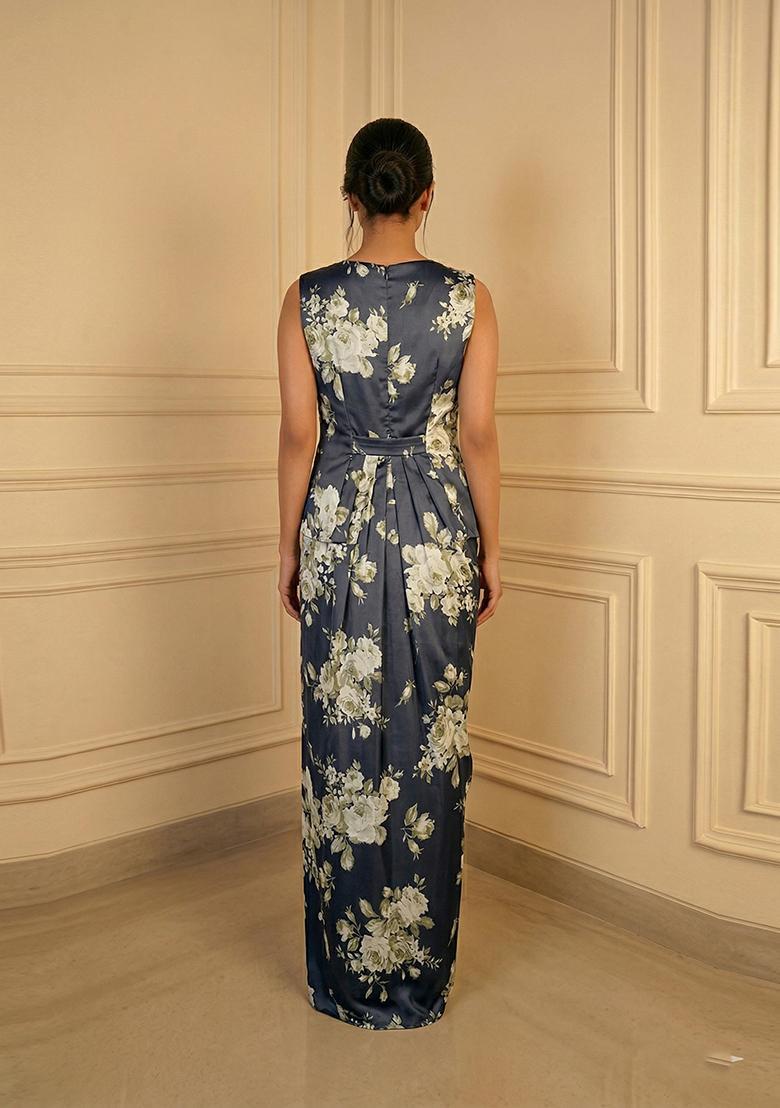 Slate Blue Printed Crepe Fusion Set - Indya