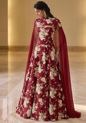 Maroon Printed Crepe Fusion Set