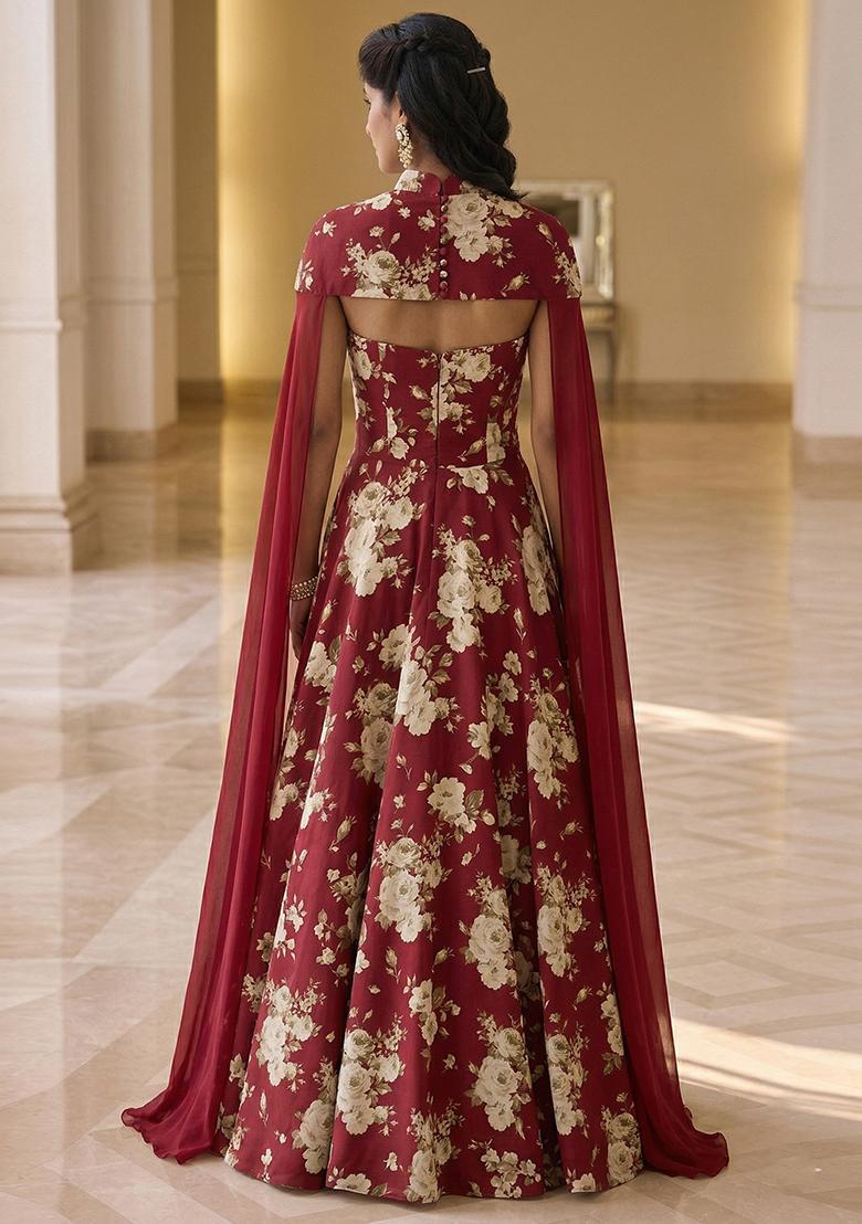 Maroon Printed Crepe Fusion Set - Indya