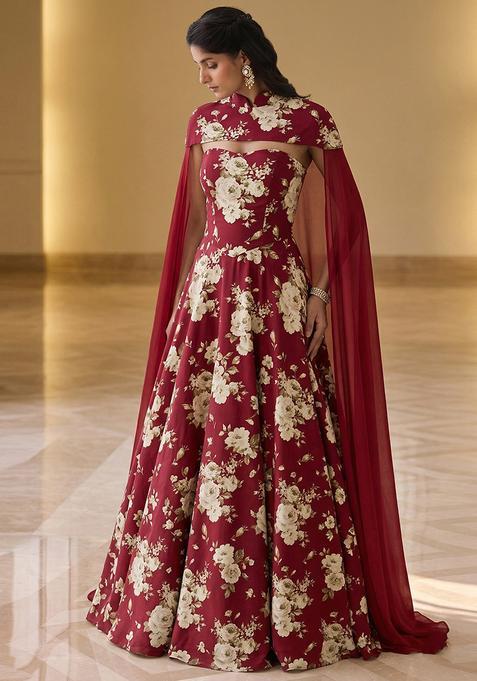 Maroon Printed Crepe Fusion Set